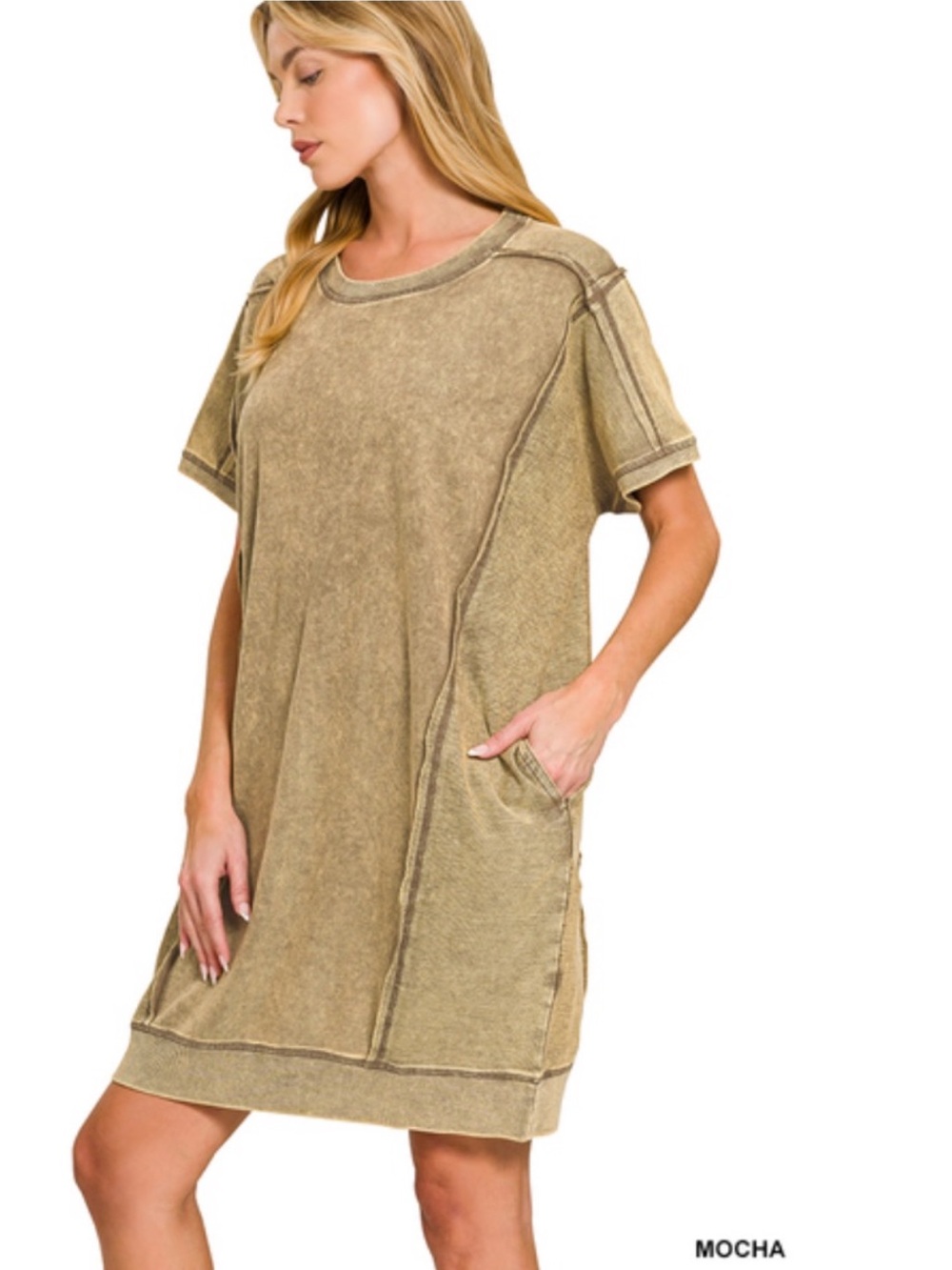 Zenana Outfitters Mocha Washed Short Sleeve Pocket Dress